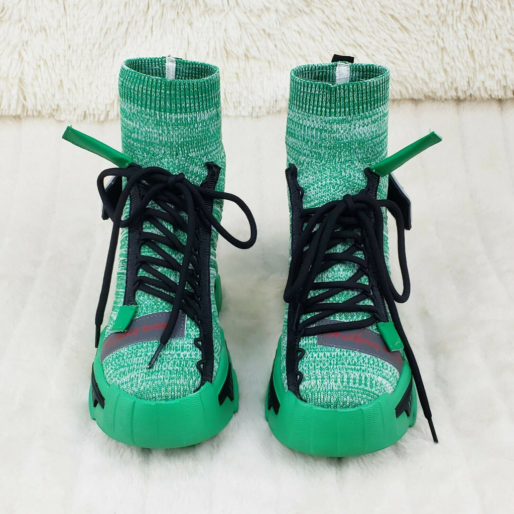 Wang Damson Pull On Knit Platform Sneaker Boots 4" Hidden Wedge Green Knit - Totally Wicked Footwear