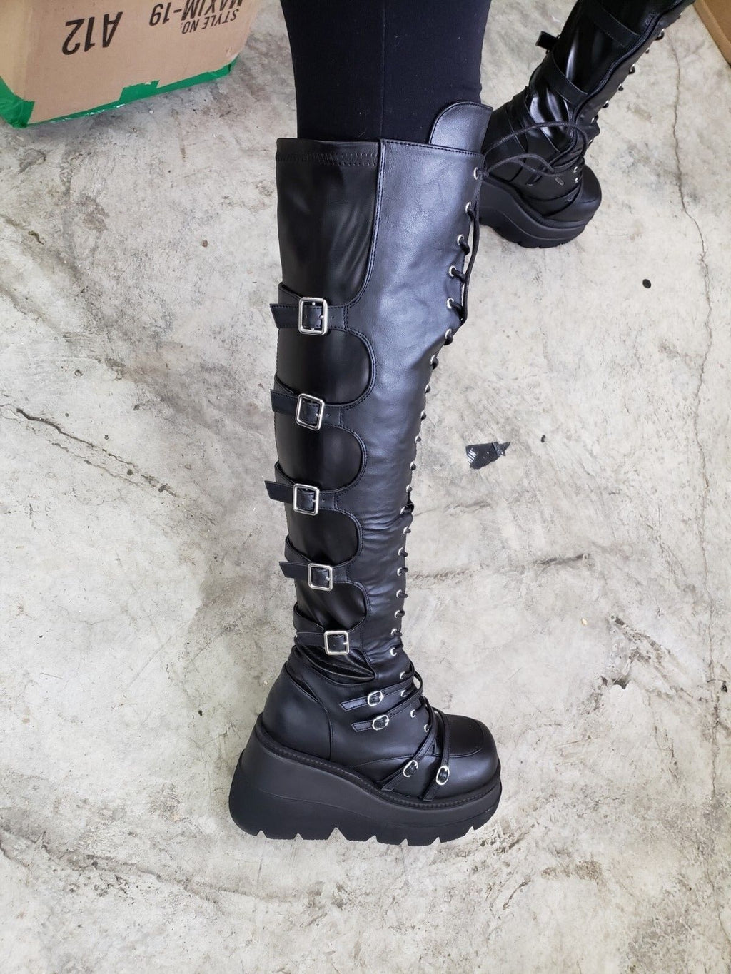 Shaker 350 Black Wide Platform 4.5" Wedge Heel Over The Knee Boots NY DEMONIA - Totally Wicked Footwear