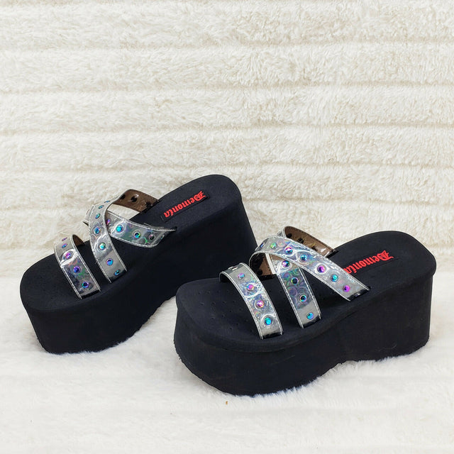 Funn Platform Goth Sandals Studded Hologram Triple Strap Slip On Shoes In House - Totally Wicked Footwear