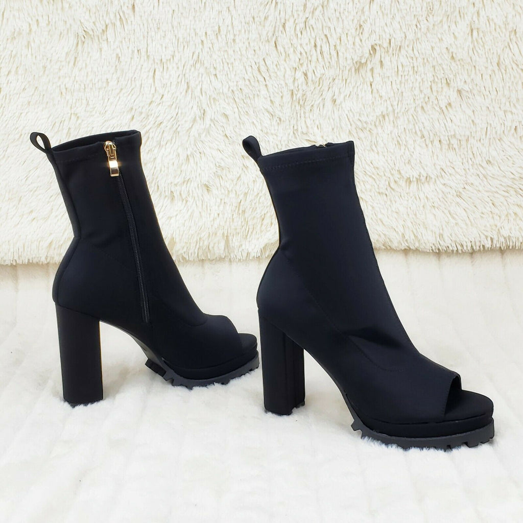 Natalie Black Chunky Heel Stretch Open Toe Lug Sole Ankle Boots - Totally Wicked Footwear