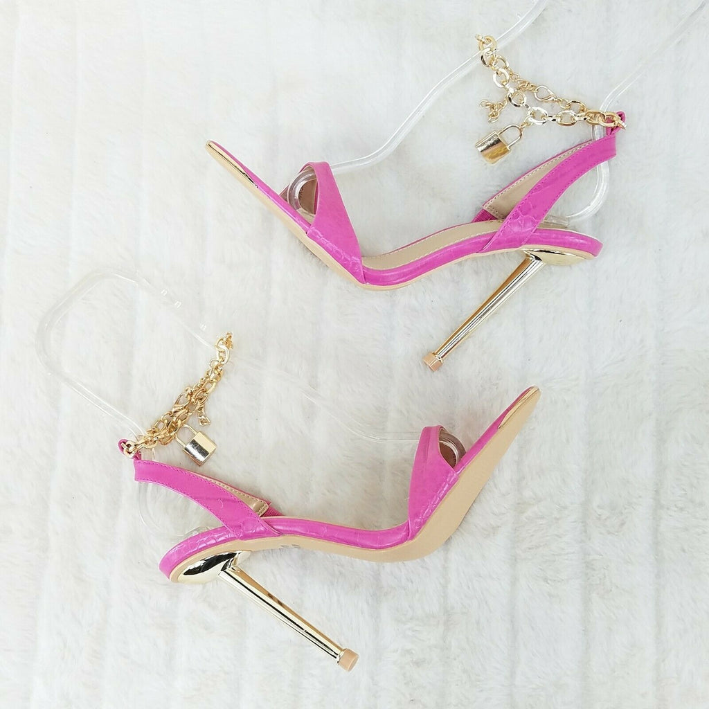 Nicely Pad Lock Chain Strap High Heels Metal Toe Tip Shoes Fuchsia Pink - Totally Wicked Footwear