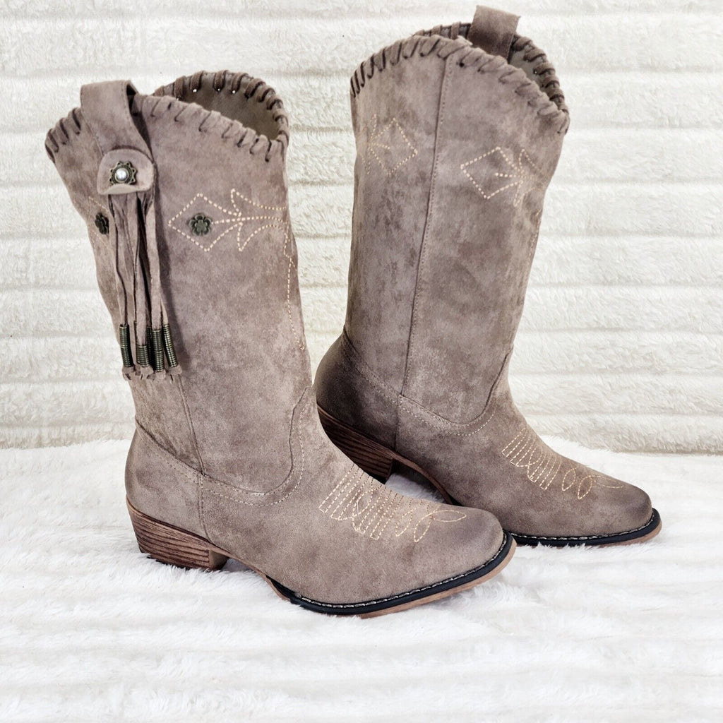 Prairie Girl Taupe Distressed Tassel Cowboy Cowgirl Pull On Mid Calf Boots - Totally Wicked Footwear