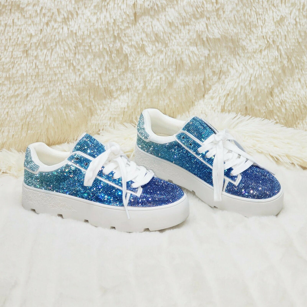 CR Diamond Queen Blue Rhinestone Lace Up Platform Bling Sneakers - Totally Wicked Footwear