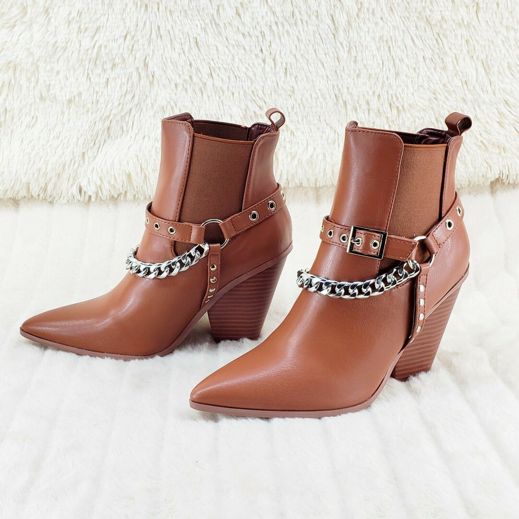 Dimitri Western Chain Strap Cowboy / Cowgirl Pull Ankle Boots Tan 6-11 - Totally Wicked Footwear