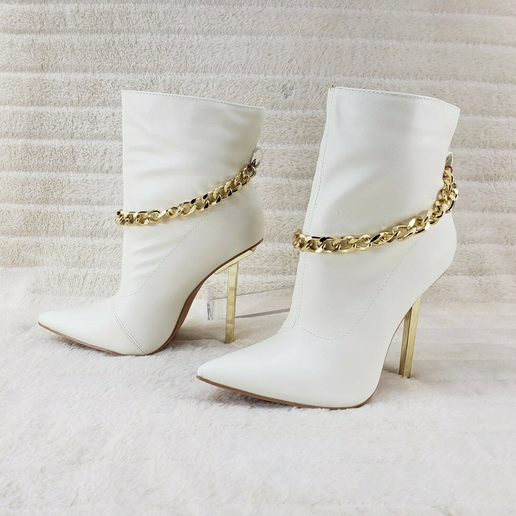 Venomous White Pointy Toe Spike Stiletto Heel Ankle Boots Gold Tone Chain - Totally Wicked Footwear