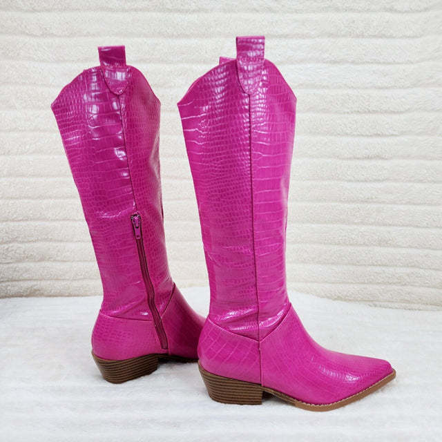 Sissy Fuchsia Pink Snake Texture Western Knee High 2" Heel Cowgirl Boots - Totally Wicked Footwear