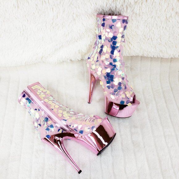 Delight 1031SQ Pink Opal Sequin Ankle Boot 7" High Heel Shoe Sizes 11 & 12 NY - Totally Wicked Footwear