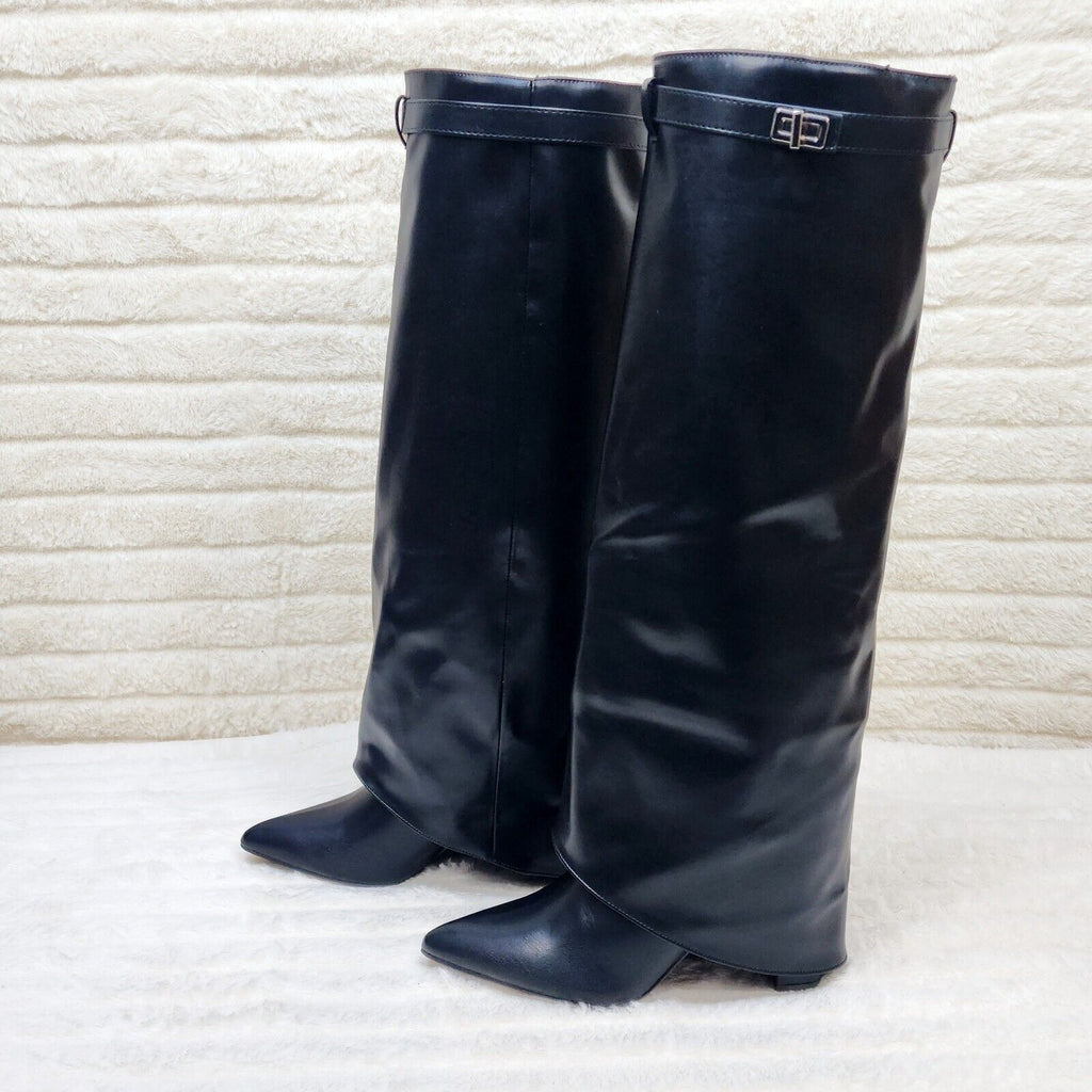 Paris Black Skirted Fold Over 3.5" Block Heel Knee High Boots - Totally Wicked Footwear