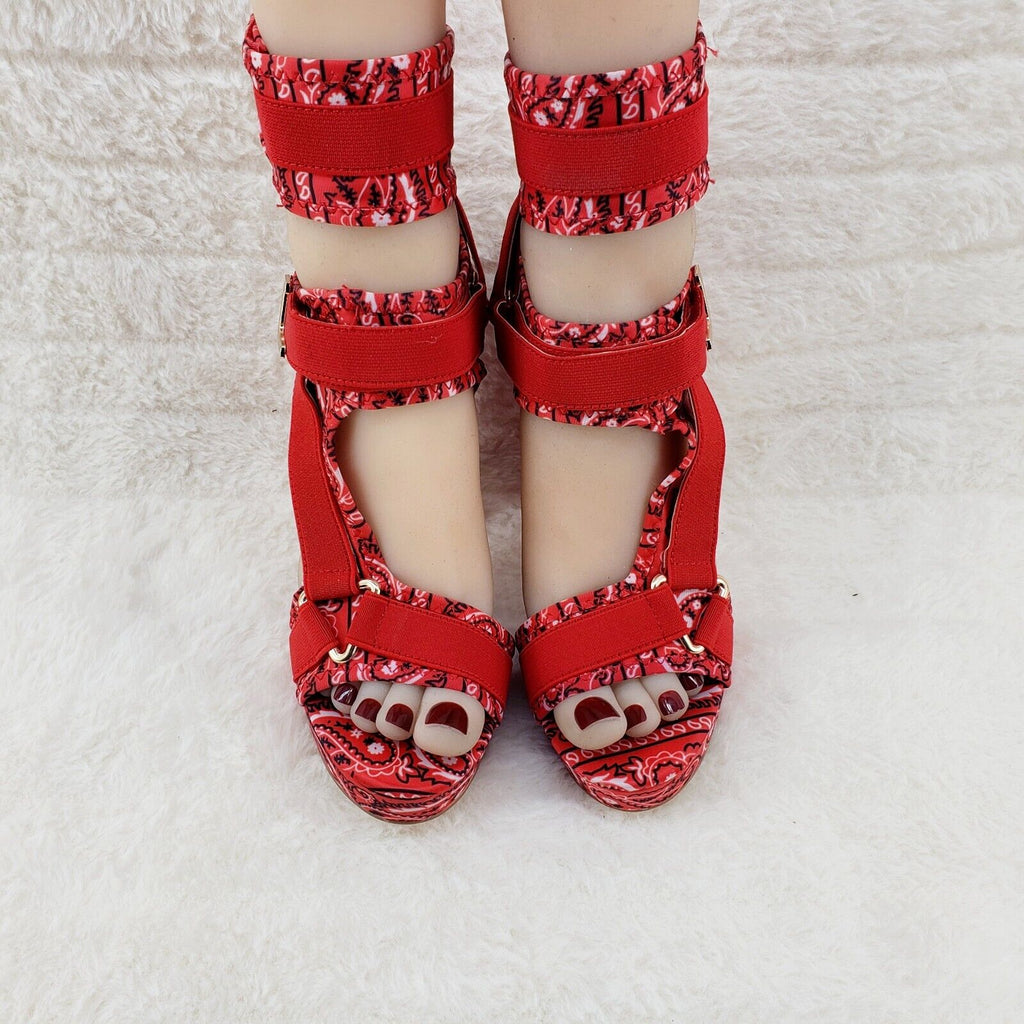 Red Bandanna  5.5" Chunky High Heel Harness Strap Shoe US Sizes 5.5-11 Bandana - Totally Wicked Footwear