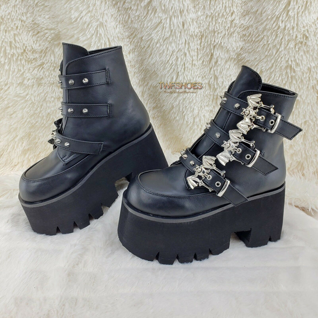 Demonia Ashes 55 Black Bat Buckle 3.5" Platform Heel Goth Boots RESTOCKED NY - Totally Wicked Footwear