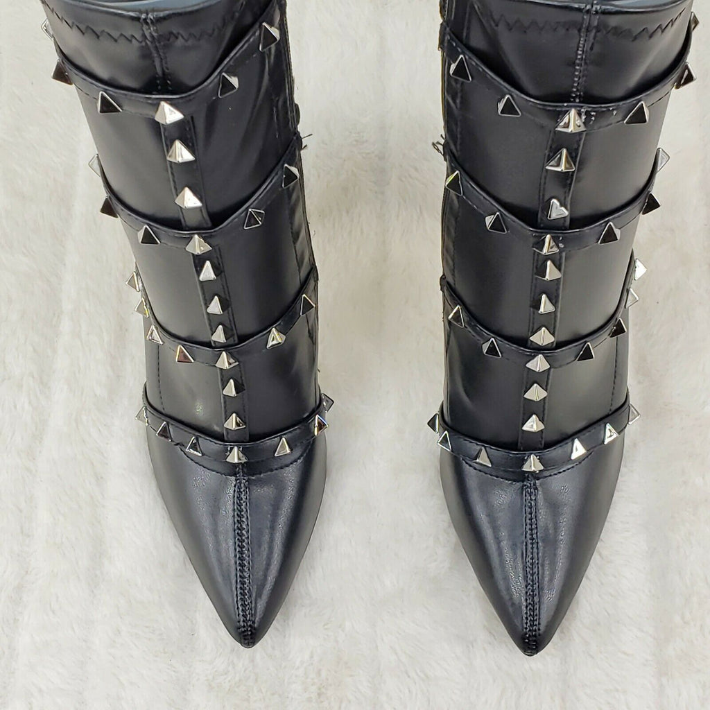 Mark Pyramid Stud Strap High Heel Pointy Toe Stretch Ankle Boots Black - Totally Wicked Footwear