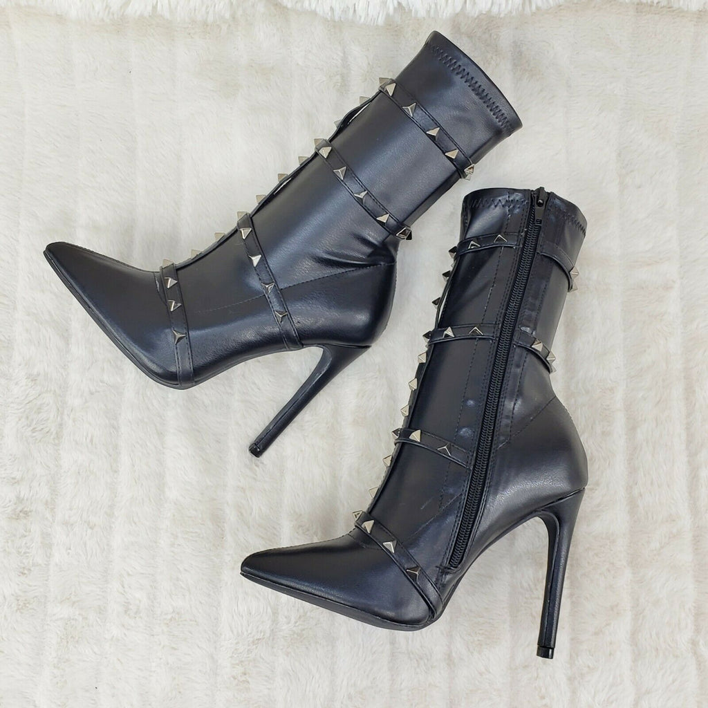 Mark Pyramid Stud Strap High Heel Pointy Toe Stretch Ankle Boots Black - Totally Wicked Footwear