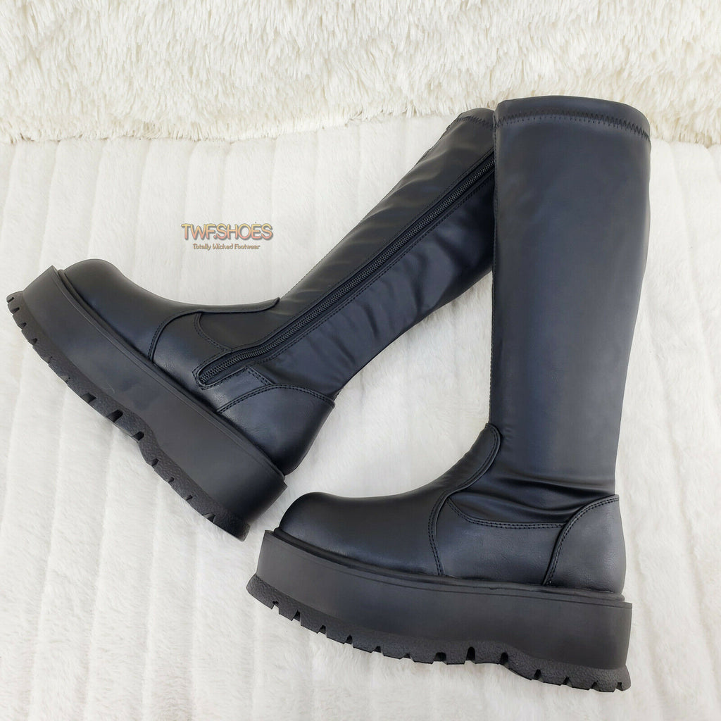 Demonia Slacker 200 65 Black Matte Platform Wedge Heel Knee Boots NY - Totally Wicked Footwear