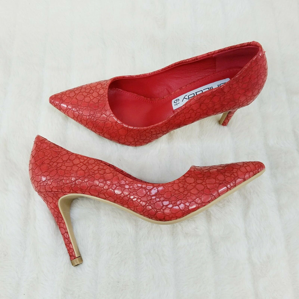 Monica Textured 3.5" Heel Pointy Toe Pump Shoes Red - Totally Wicked Footwear