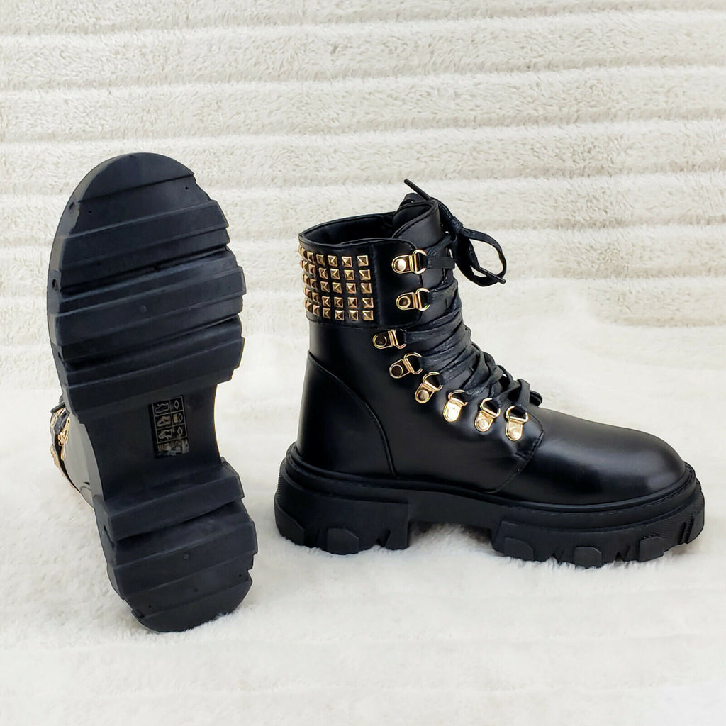Nina Black Gold Tone Hardware Studded Combat Ankle Boots - Totally Wicked Footwear