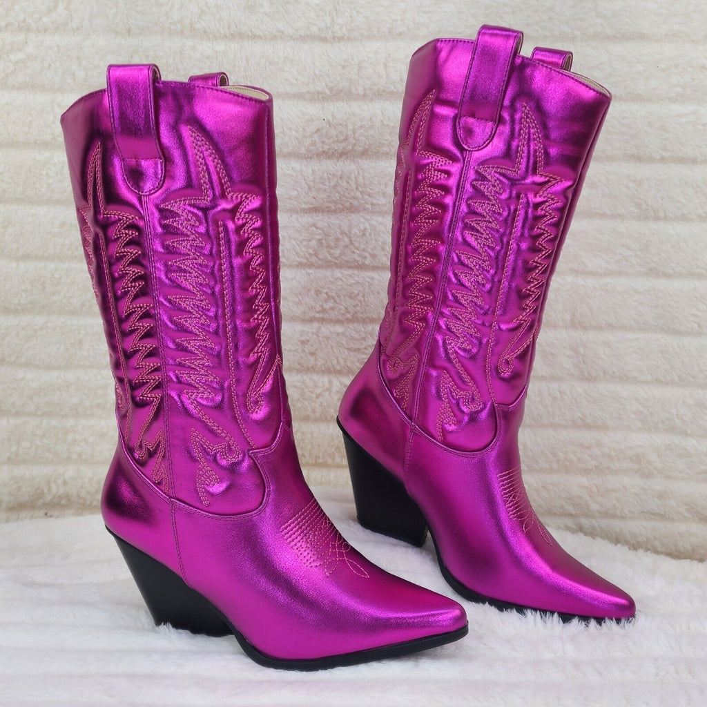 Disco Cowgirl Metallic Hot Pink Cowboy Knee Boots Western Block Heels US Sizes - Totally Wicked Footwear