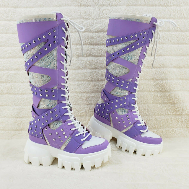 Wang Limited Lilac Purple White Platform Sneaker Knee Boots Hidden Wedge Heels - Totally Wicked Footwear