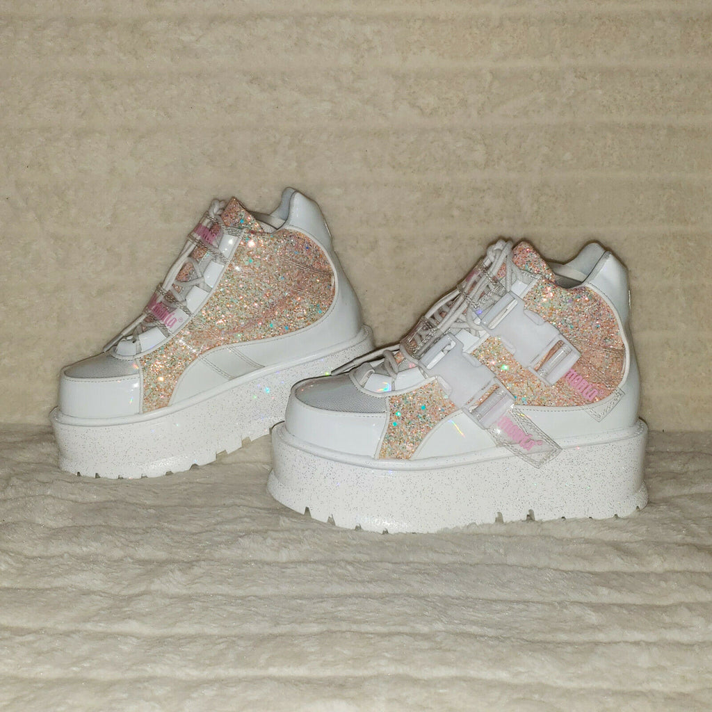 Slacker 50 White Pink Glitter Platform Sneaker Ankle Boots - Totally Wicked Footwear