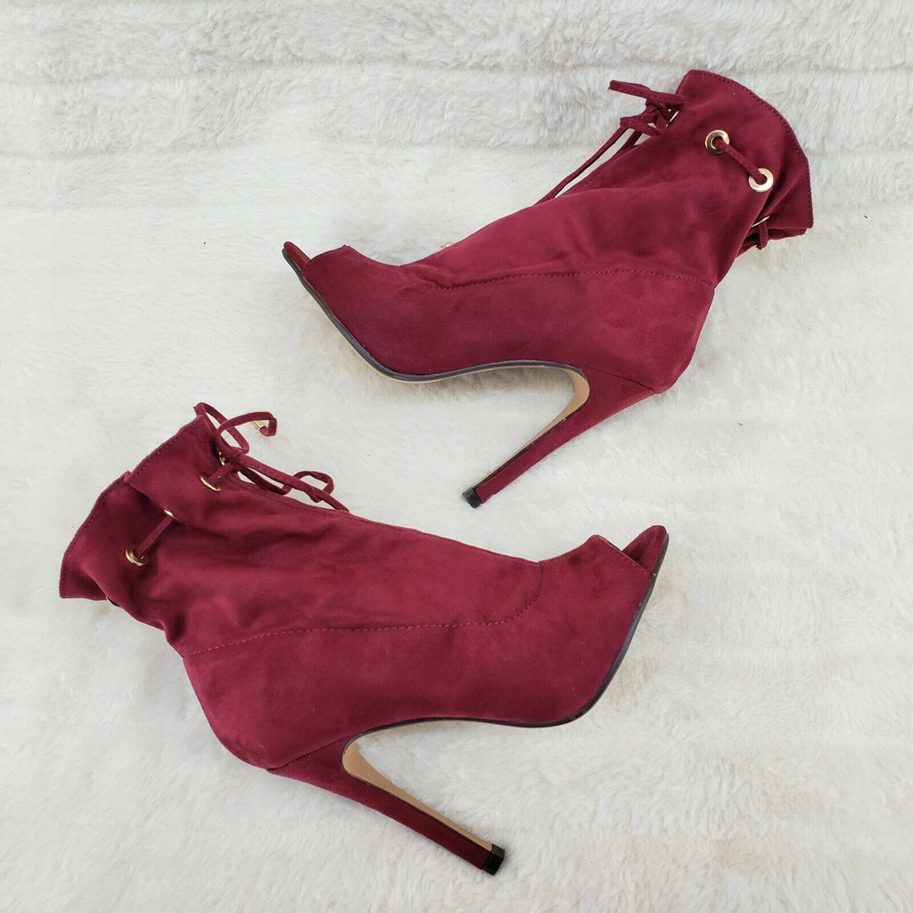 Moody Burgundy Red Drawstring Open Toe High Heel Ankle Boots Glister - Totally Wicked Footwear