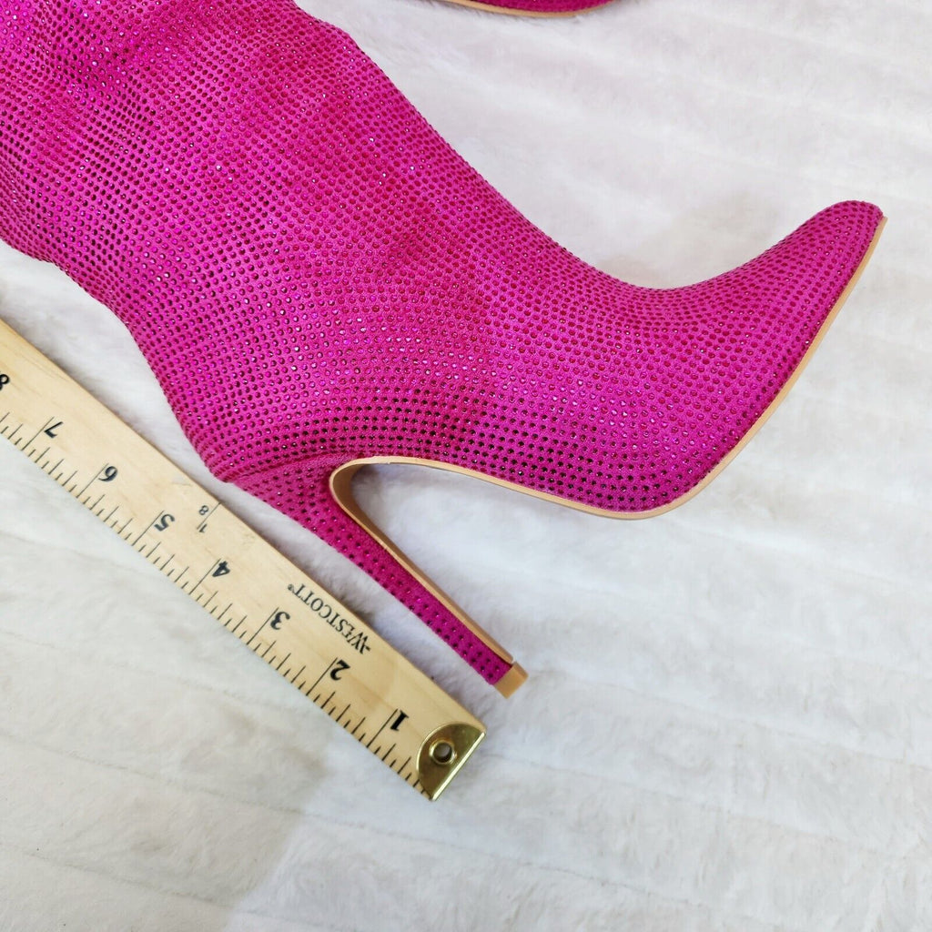 Radiant Fuchsia Pink Rhinestone High Heel Slouch Knee High Boots - Totally Wicked Footwear