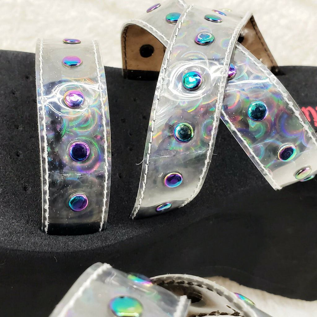 Funn Platform Goth Sandals Studded Hologram Triple Strap Slip On Shoes In House - Totally Wicked Footwear