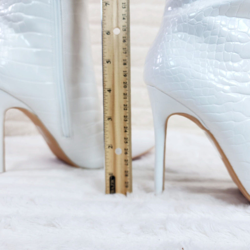 Flirty White Snake Texture Knee High Heel Stiletto Boots Sexy Feather Top - Totally Wicked Footwear