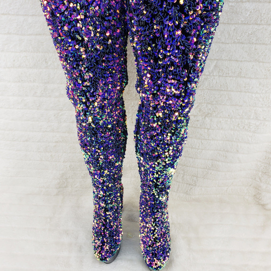 Adore 3020 Purple Multi Sequin High Heel Platform Thigh High Boots US Sizes NY - Totally Wicked Footwear