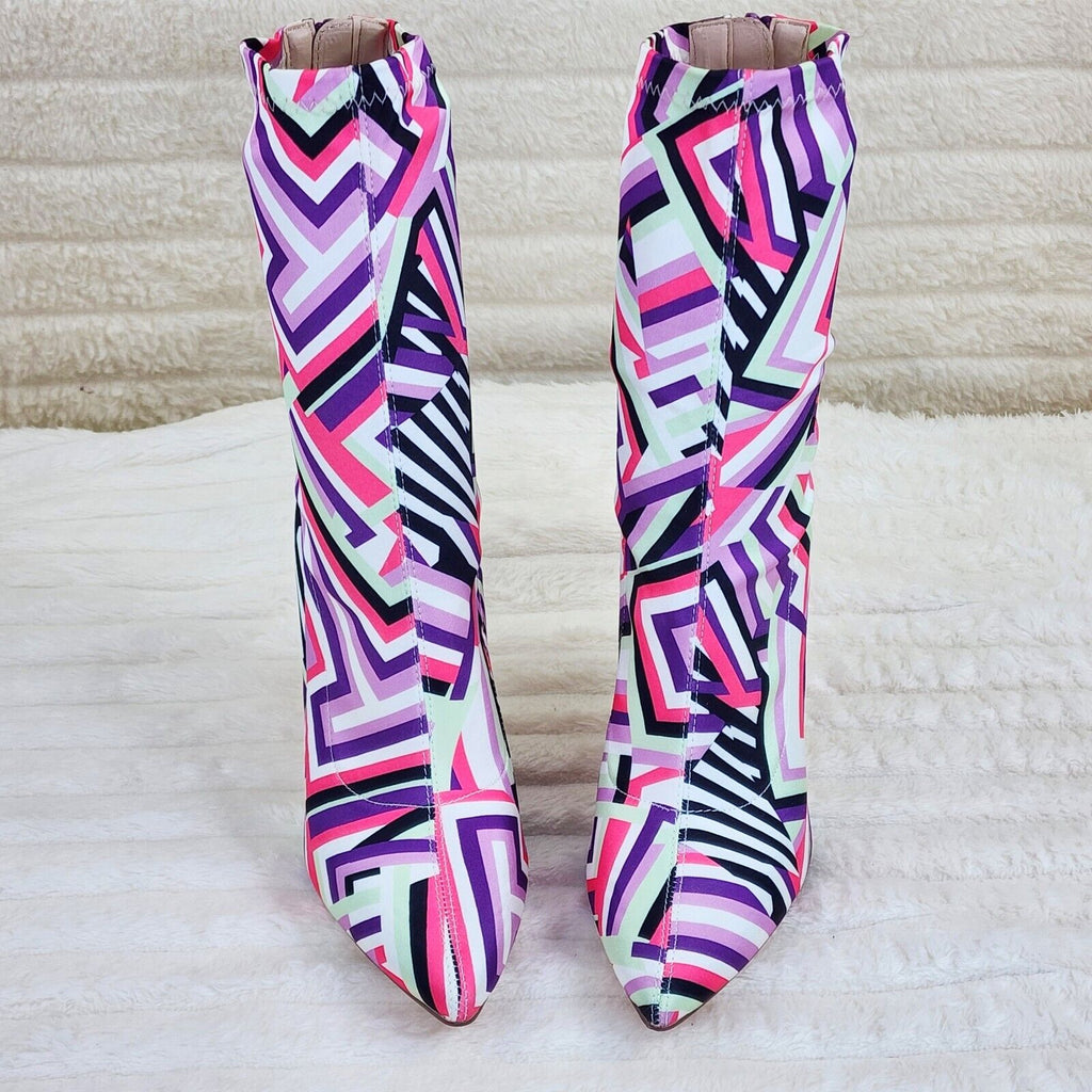 Odin Crazy Wild Color Pattern High Heel Stretch Fabric Ankle Boots - Purple Pink - Totally Wicked Footwear