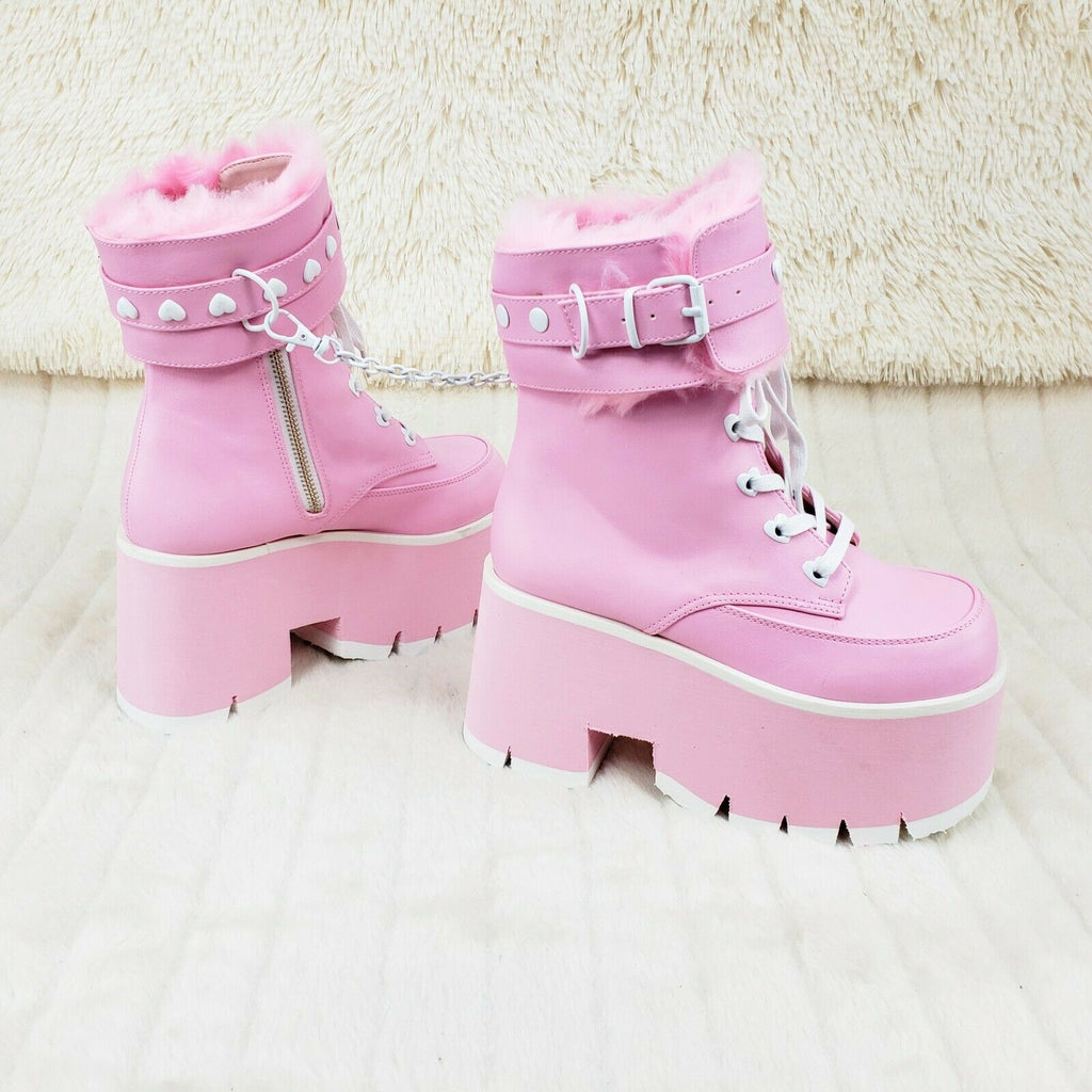 Ashes 57 Pink Heart Studs 3.5" Platform Goth Boots Fur Lined Cuffs & Chain NY - Totally Wicked Footwear