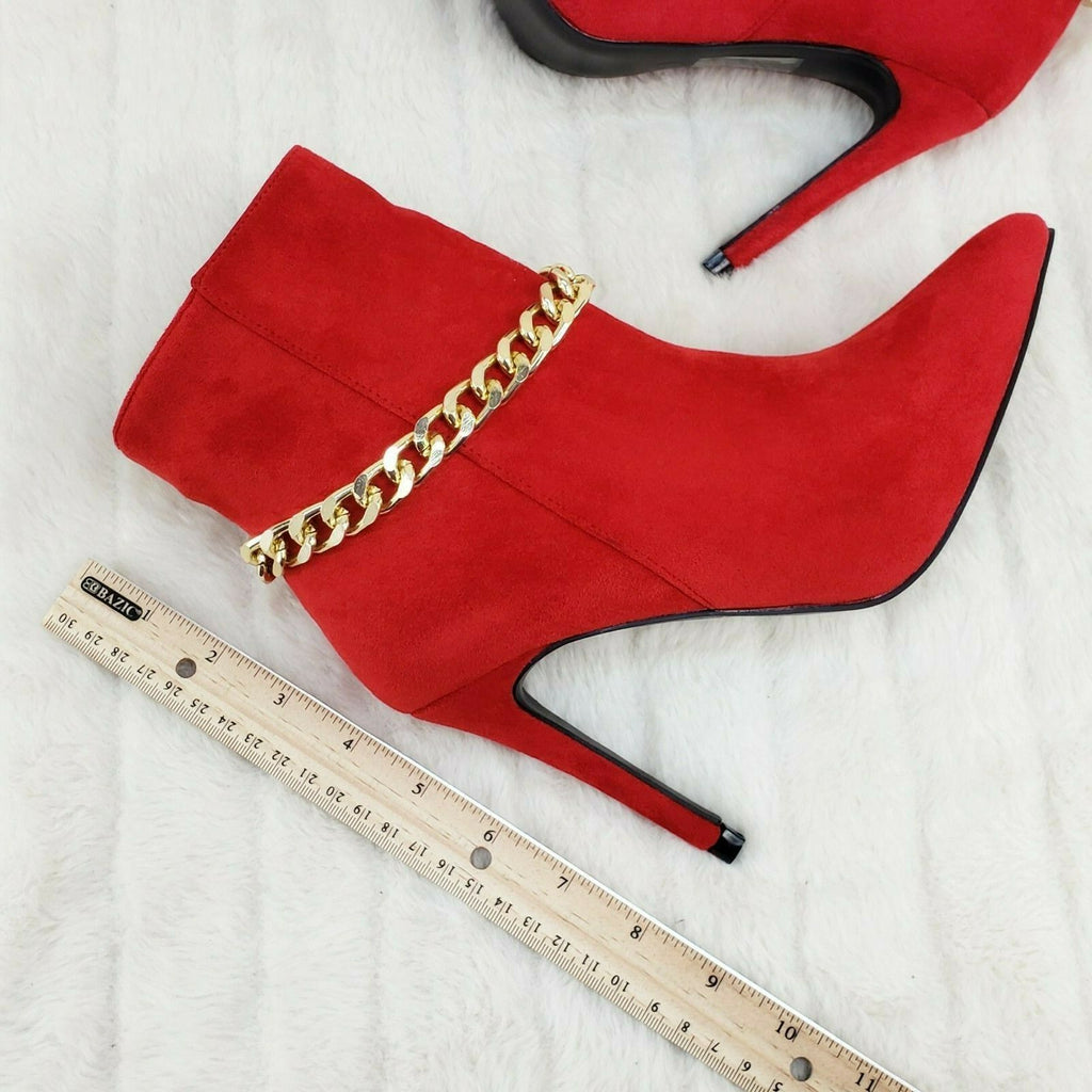 Mata Red FX Suede & Chain Sexy Pointy Toe 4" Stiletto High Heel Ankle Boots - Totally Wicked Footwear