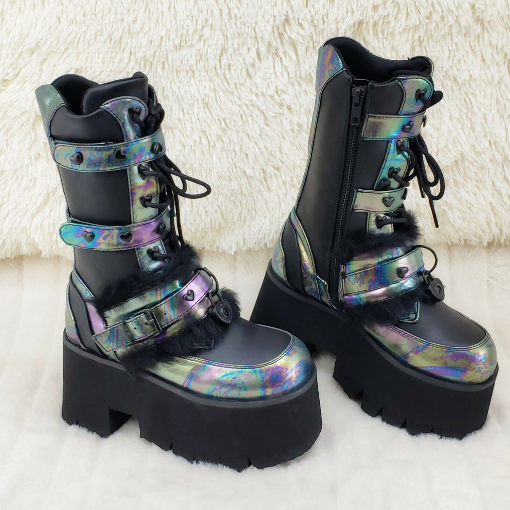Ashes 120 Black Faux Fur Trim 3.5" Platform Heel Goth Punk Festival Boots NY - Totally Wicked Footwear
