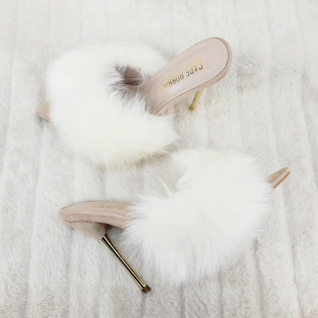 Fuji Furry Pointy Toe Slip On 4.5" Gold Tone Slim Heels Nude - Totally Wicked Footwear