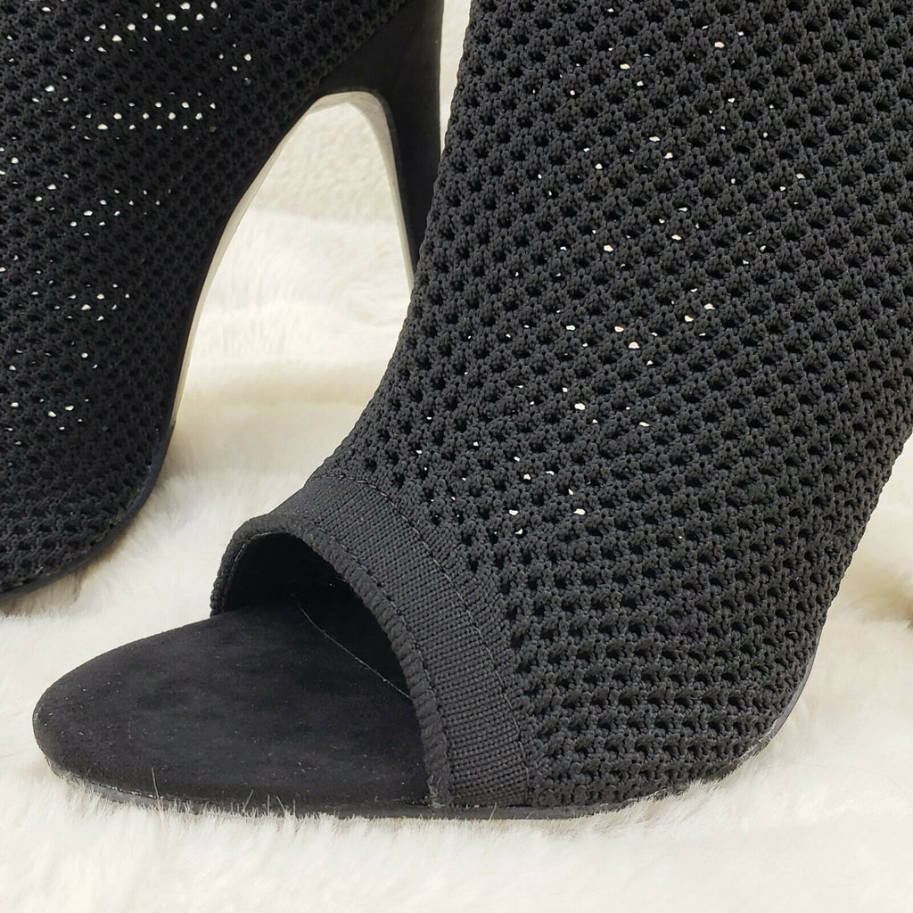 Ready Go Black Stretch Knit Mesh Open Toe Pull On High Heel Ankle Boots - Totally Wicked Footwear