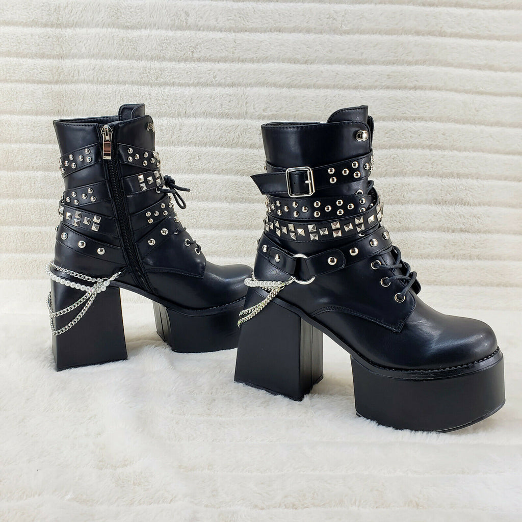 Ocho Black Ice Multipile Strap Platform Chunky Block Heel Ankle Boots - Totally Wicked Footwear