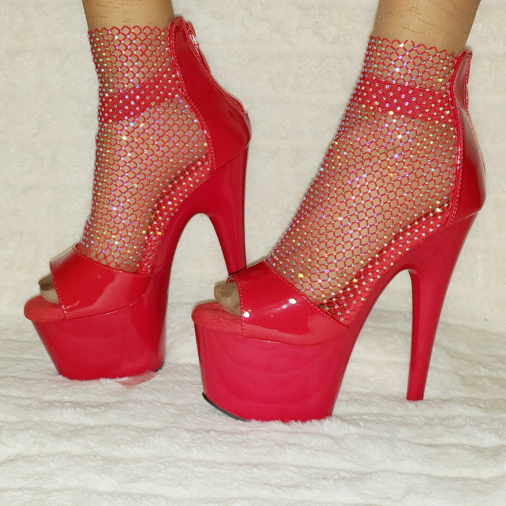 Adore 765RM Red Rhinestone Mesh Platform Sandals 7" High Heel Shoes NY - Totally Wicked Footwear