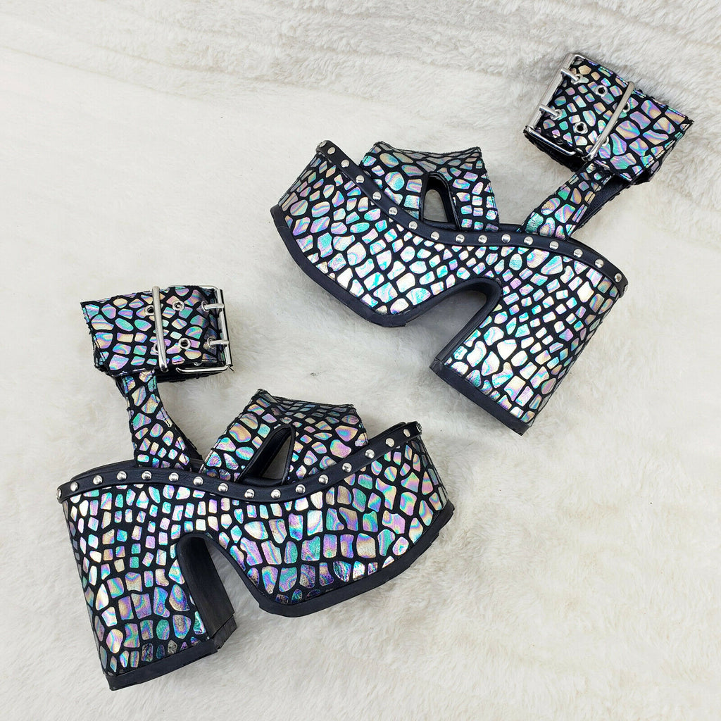 Camel 102 Stacked Black Hologram Platform Sandals Goth Punk 6-12 NY Demonia - Totally Wicked Footwear