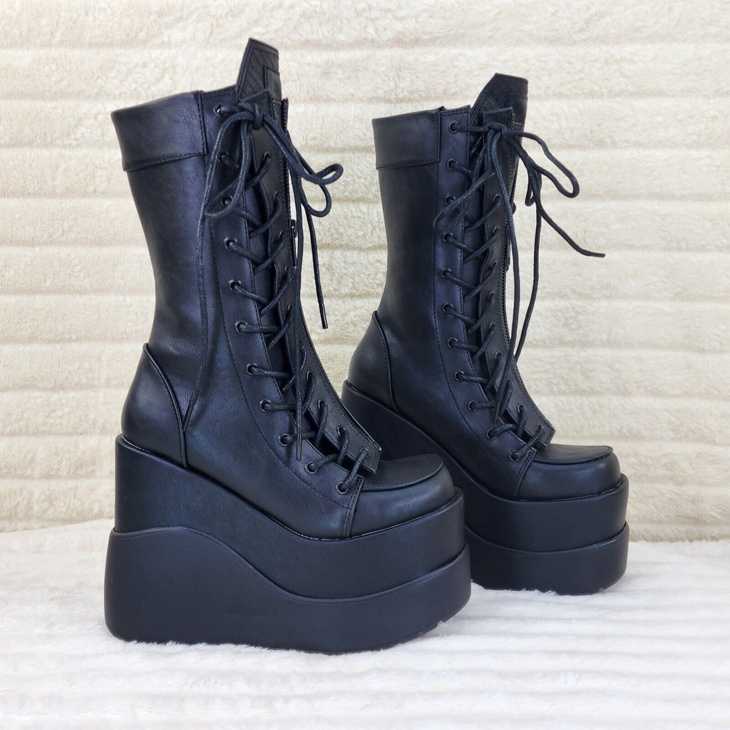 Void Black Matte Reflective Platform Wedge Mid Calf Boots IN HOUSE NY Demonia - Totally Wicked Footwear