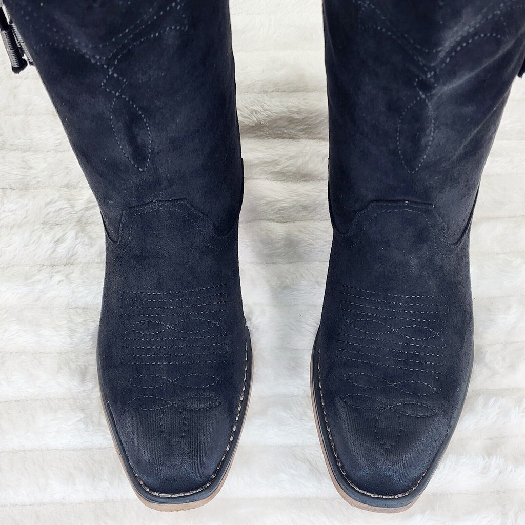 Prairie Girl Black Distressed Tassel Cowboy Cowgirl Pull On Mid Calf Boots - Totally Wicked Footwear