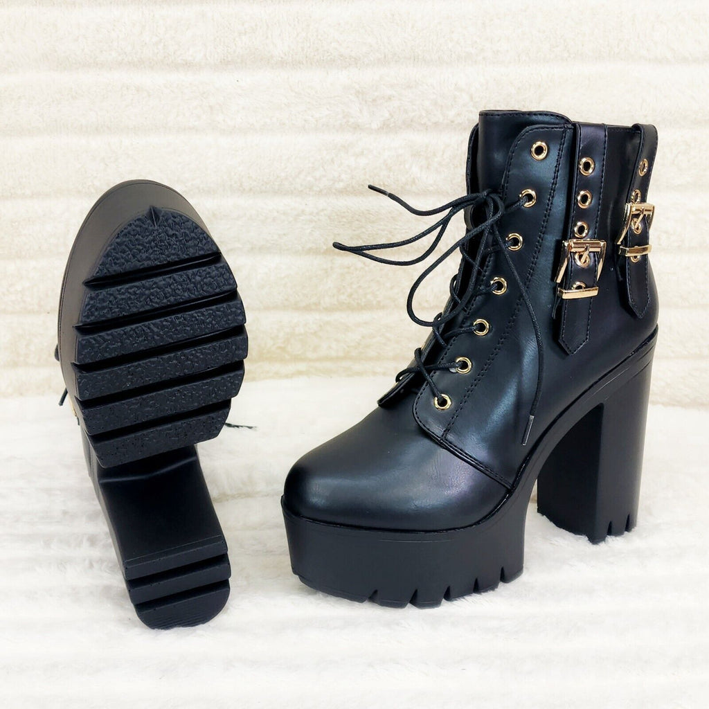 Linda Black Chunky Block Heel Lave Up Ankle Boots Brand New - Totally Wicked Footwear