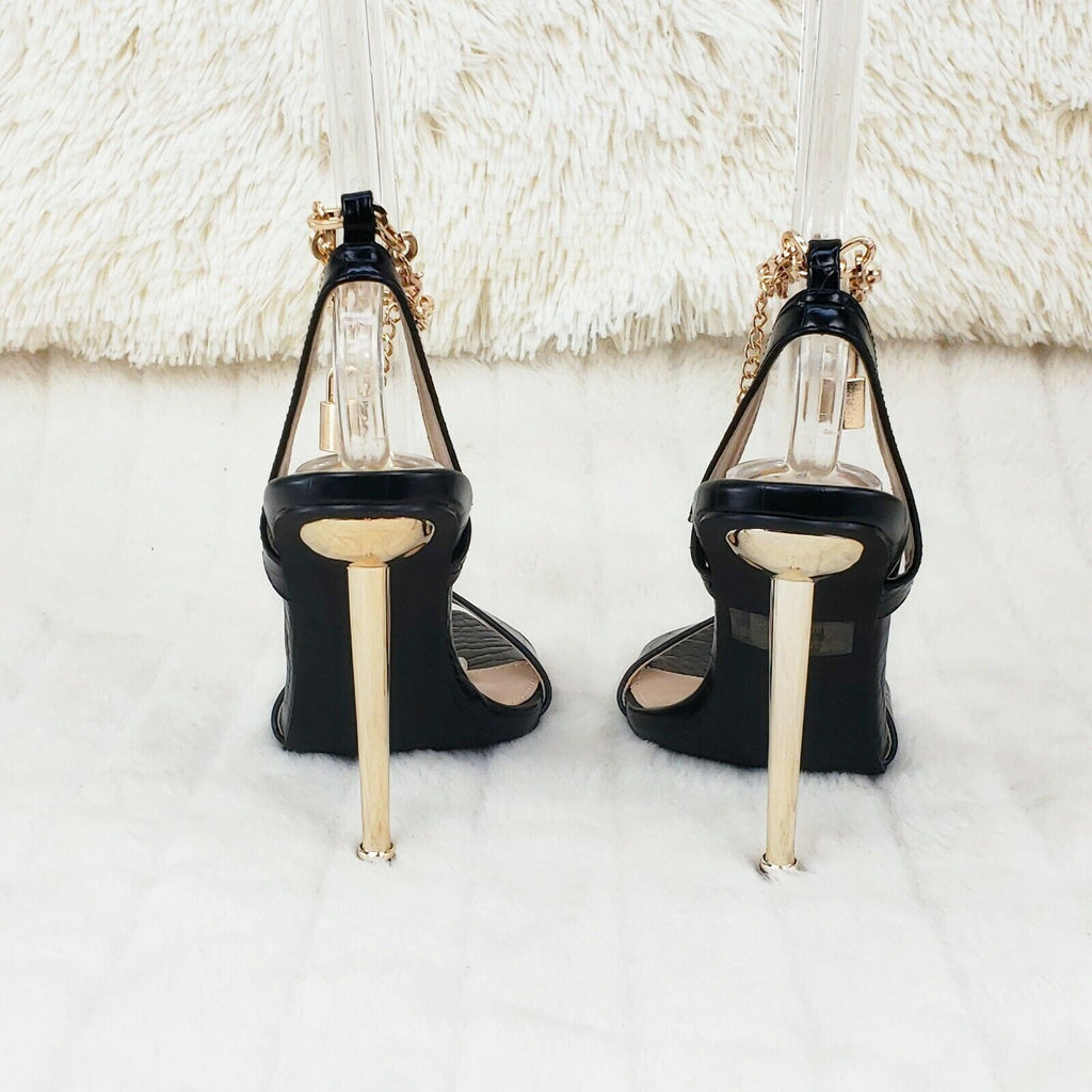 Nicely Pad Lock Chain Strap High Heels Metal Toe Tip Shoes Black - Totally Wicked Footwear
