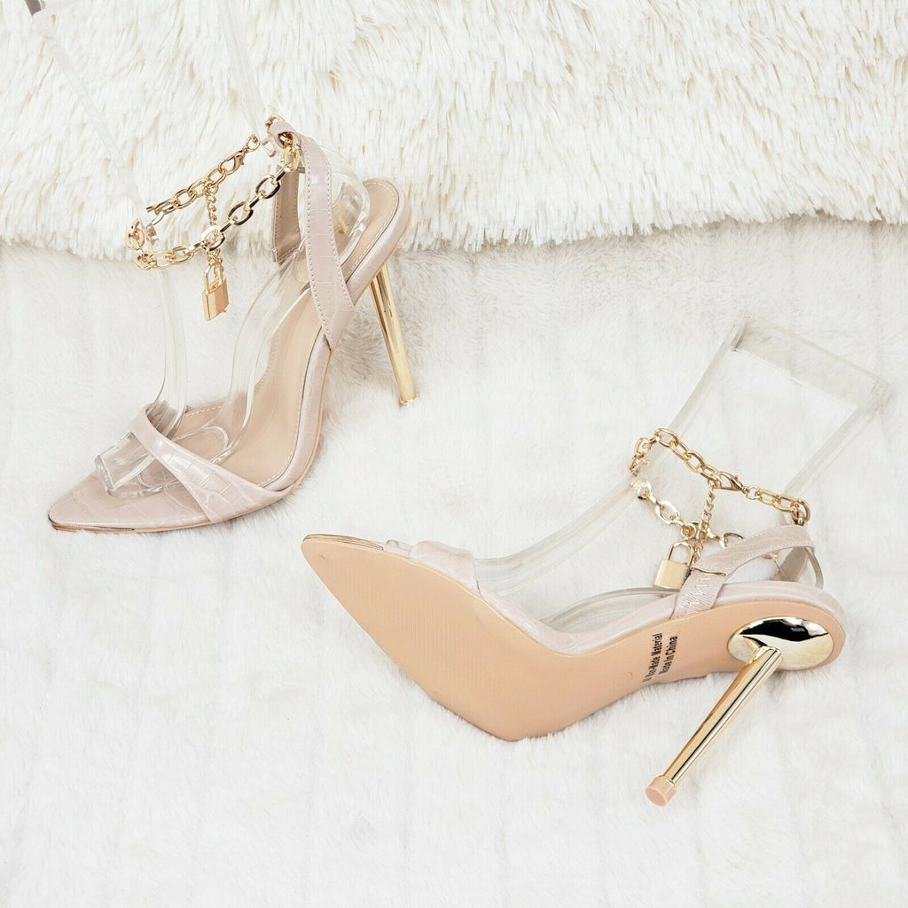 Nicely Pad Lock Chain Strap High Heels Metal Toe Tip Shoes Nude - Totally Wicked Footwear