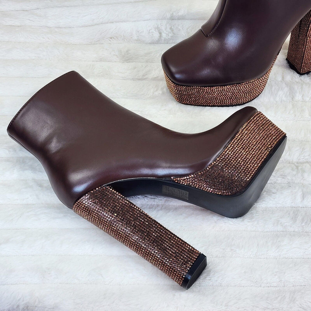 Nikki Brown Leatherette Rhinestone Platform Chunky Heel Ankle Boots - Totally Wicked Footwear