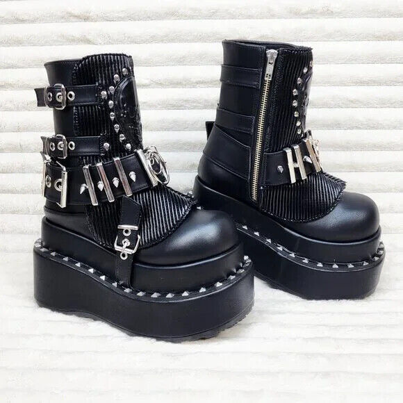 Stud & Skull Patch Black Matte Bear 150 Platform Ankle Boots Goth Punk Rave NY - Totally Wicked Footwear