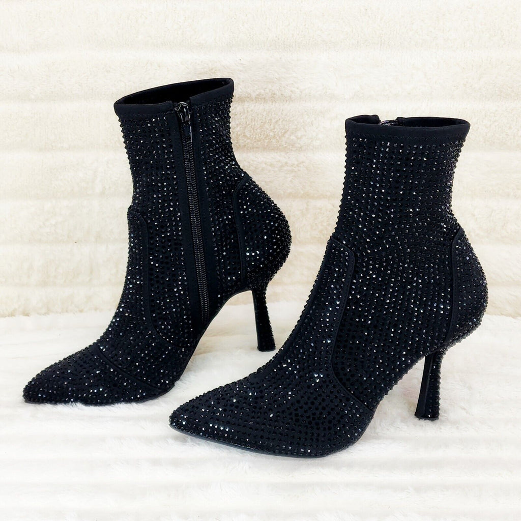 Stunning Black Stretch Rhinestone Ankle Boots 3.5" Heels New - Totally Wicked Footwear