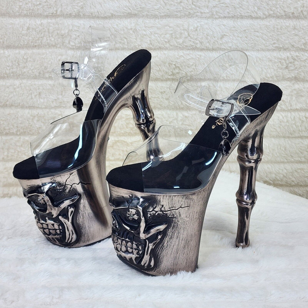 Rapture Clear Pewter Skull & Bones LED 8" High Heel Platform Shoes 5-10 NY - Totally Wicked Footwear