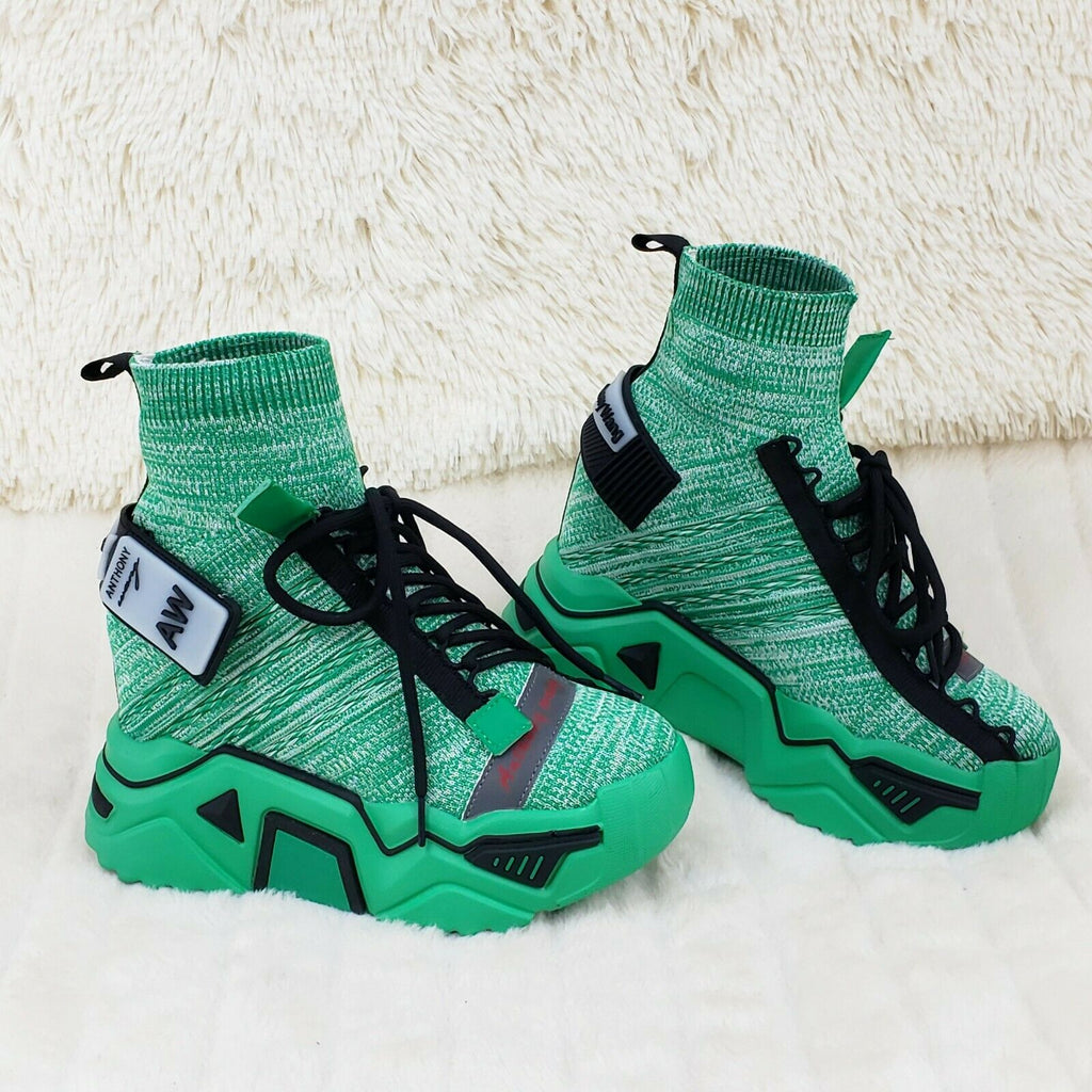 Wang Damson Pull On Knit Platform Sneaker Boots 4" Hidden Wedge Green Knit - Totally Wicked Footwear