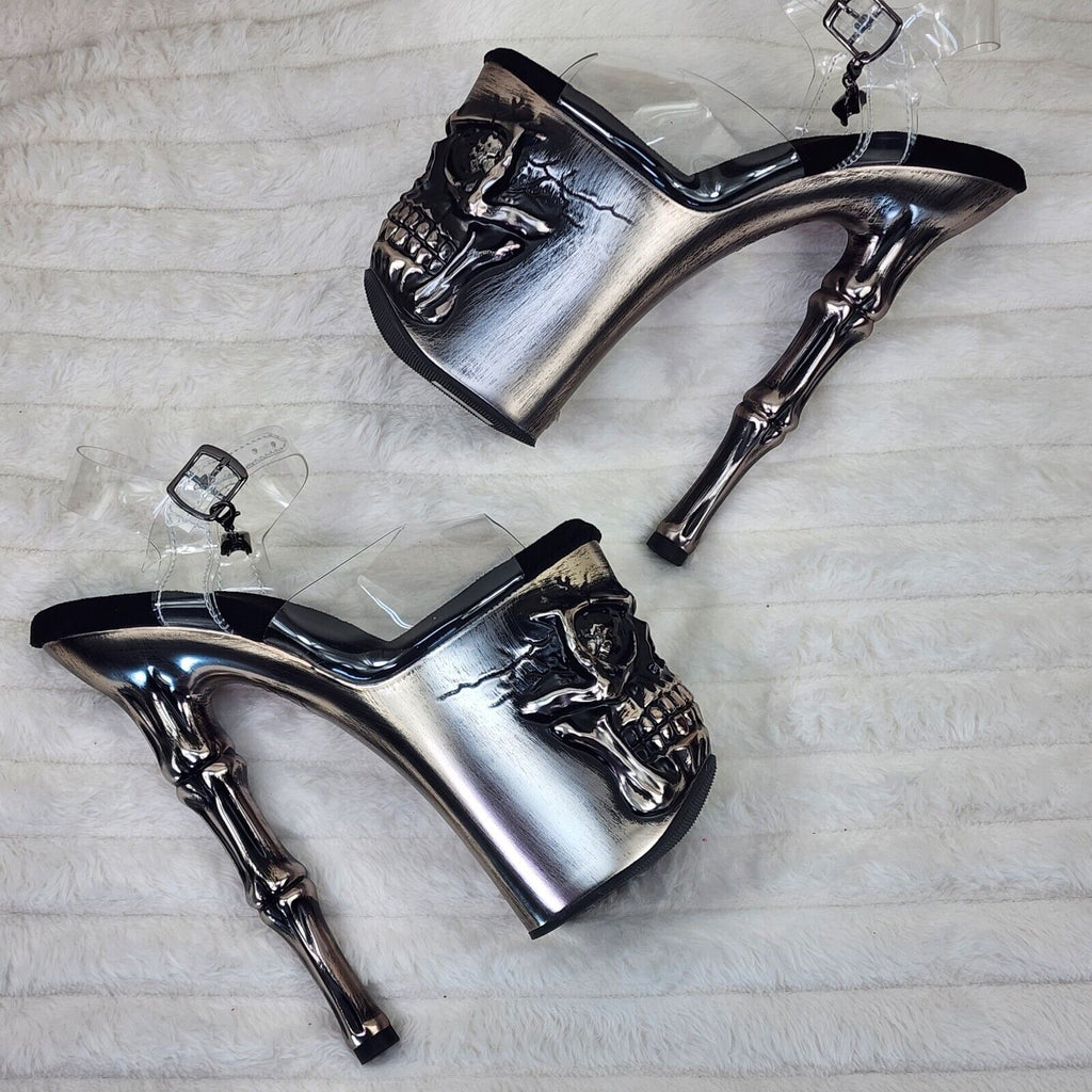 Rapture Clear Pewter Skull & Bones LED 8" High Heel Platform Shoes 5-10 NY - Totally Wicked Footwear