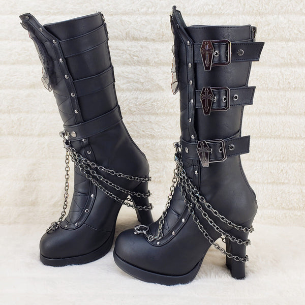 Crypto 67 Coffin Skull & Chain Black Mid Calf Platform Heel Gothic Boots NY