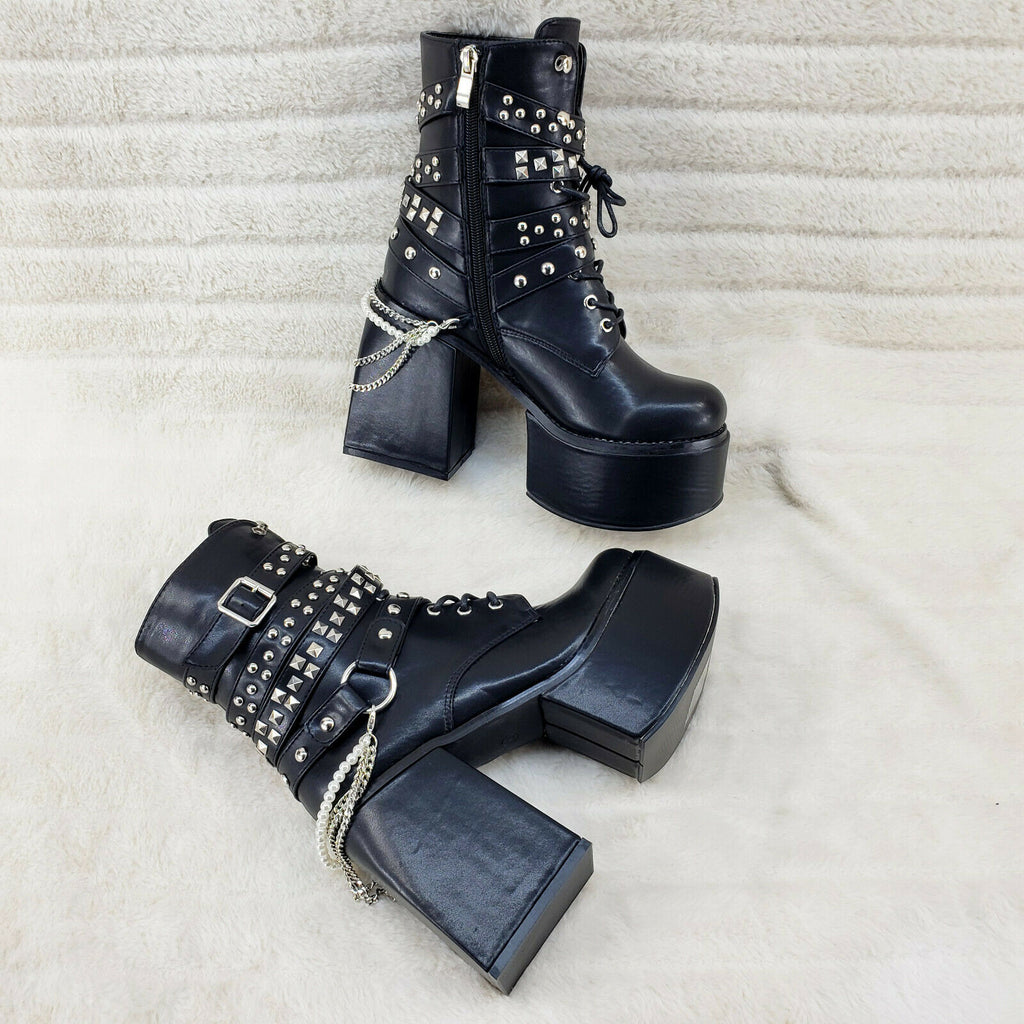Ocho Black Ice Multipile Strap Platform Chunky Block Heel Ankle Boots - Totally Wicked Footwear