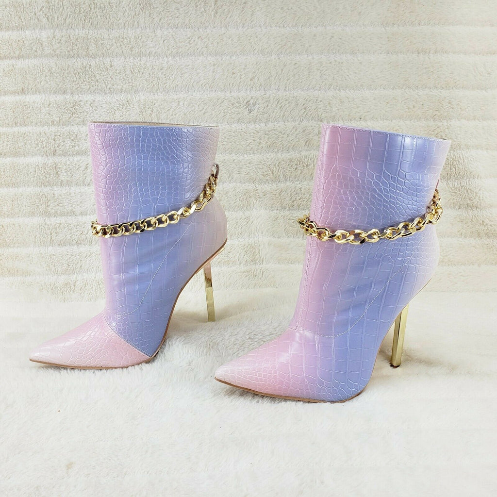 Venomous Pink Lilac Pointy Toe Spike Stiletto Heel Ankle Boots Gold Tone Chain - Totally Wicked Footwear